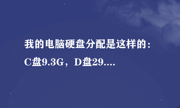 我的电脑硬盘分配是这样的：C盘9.3G，D盘29.7G，E、F、G盘各37.2G，请问C盘的空间多大才合适？如何调整？