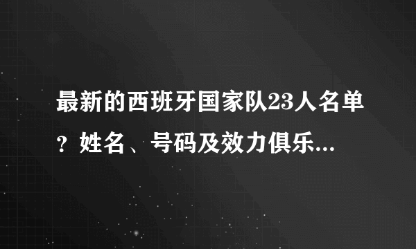 最新的西班牙国家队23人名单？姓名、号码及效力俱乐部的名字 谢谢