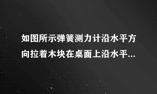 如图所示弹簧测力计沿水平方向拉着木块在桌面上沿水平方向做匀速直线运动时，测力计示数$F$为$0.8N$，则桌面对木块的摩擦力大小是______$N;$如果在木块上放一个砝码，再使木块在水平方向做匀速直线运动，测力计示数要______(选填：增大、减小）。