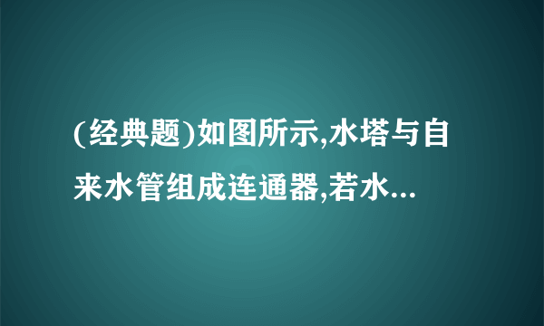 (经典题)如图所示,水塔与自来水管组成连通器,若水塔内水面高度h 1 =18m,五楼住户水龙头出水口高度h 2 =13m,四楼住户水龙头出水口高度h 3 =10m,水龙头出水口直径为2cm.求: (1)四楼住户水龙头出水口处,水的压强是多少? (2)四楼住户水龙头出水口受到水的压力是多少?(g取10 N/kg)