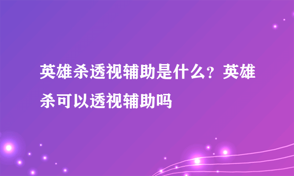 英雄杀透视辅助是什么？英雄杀可以透视辅助吗