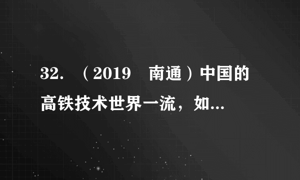 32．（2019•南通）中国的高铁技术世界一流，如图所示是几枚硬币“静静”立于高速行驶列车的窗台上的照片，认为硬币处于静止状态所选择的参照物是（ ）A．车内的座椅	B．路边的树木	C．窗外的楼房	D．远处的高山